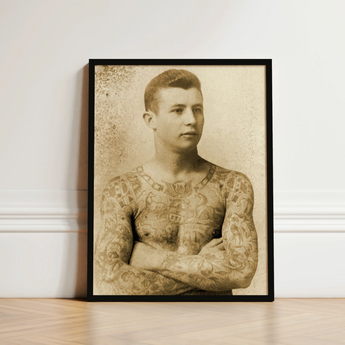 Portrait of a Tattooed Man - Charles Eisenmann Art Print / Canvas Black-framed Vintage Sepia-toned Arms Crossed Eisenmann’s, Seizes, Chain