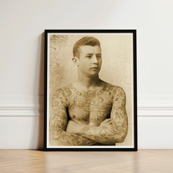 Portrait of a Tattooed Man - Charles Eisenmann Art Print / Canvas Vintage Sepia-toned Sleek Black Frame Eisenmann’s, Seizes, Chain Motifs