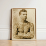Portrait of a Tattooed Man - Charles Eisenmann Art Print / Canvas Sepia-toned Intricate Tattoos Framed Light Wood Eisenmann’s, Seizes,