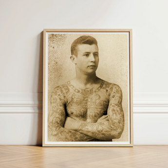 Portrait of a Tattooed Man - Charles Eisenmann Art Print / Canvas Sepia-toned Framed Intricate Tattoos Arms Torso Eisenmann’s, Seizes,