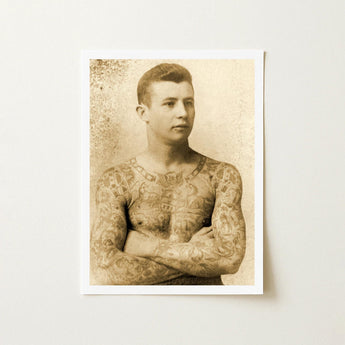Portrait of a Tattooed Man - Charles Eisenmann Art Print / Canvas Vintage Sepia-toned Arms Crossed Eisenmann’s, Seizes, Chain Motifs Prints