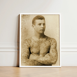 Portrait of a Tattooed Man - Charles Eisenmann Art Print / Canvas Vintage Sepia-toned White Frame Eisenmann’s, Seizes, Chain Motifs Prints