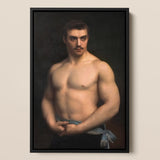 Framed Classical-style Portrait Muscular Man Dark Hair Mustache Maurice Deriaz, Gustave Courtois’s, Athlete, Pale Blue Sash, Knotted,