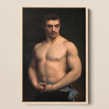 Framed Classical-style Portrait Muscular Man Dark Hair Mustache Maurice Deriaz, Gustave Courtois’s, Athlete, Pale Blue Sash, Knotted,