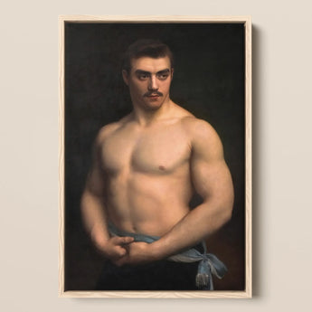 Framed Classical-style Portrait Muscular Man Dark Hair Mustache Maurice Deriaz, Gustave Courtois’s, Athlete, Pale Blue Sash, Knotted,