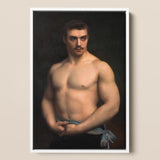 Framed Classical-style Portrait Muscular Man Dark Hair Mustache Maurice Deriaz, Gustave Courtois’s, Athlete, Pale Blue Sash, Knotted,