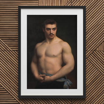 Framed Portrait Muscular Man Dark Hair Mustache Depicted Maurice Deriaz, Gustave Courtois’s, Athlete, Pale Blue Sash, Knotted, Champion