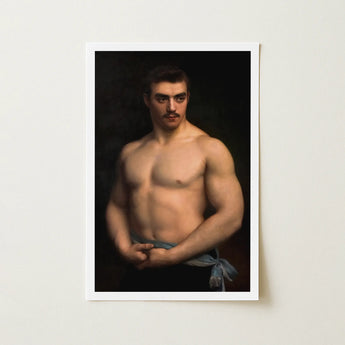 Framed Portrait Print Muscular Man Dark Hair Mustache Maurice Deriaz, Gustave Courtois’s, Athlete, Pale Blue Sash, Knotted, Champion