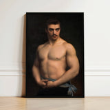 Framed Portrait Muscular Man Dark Hair Mustache Depicted Maurice Deriaz, Gustave Courtois’s, Athlete, Pale Blue Sash, Knotted, Champion