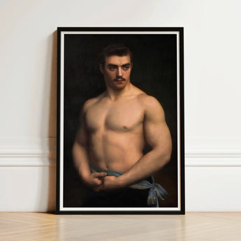 Framed Portrait Muscular Man Dark Hair Mustache Depicted Maurice Deriaz, Gustave Courtois’s, Athlete, Pale Blue Sash, Knotted, Champion