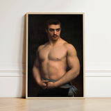 Framed Portrait Muscular Man Dark Hair Mustache Depicted Maurice Deriaz, Gustave Courtois’s, Athlete, Pale Blue Sash, Knotted, Champion