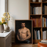 Framed Classical-style Portrait Muscular Man Dark Hair Mustache Maurice Deriaz, Gustave Courtois’s, Athlete, Pale Blue Sash, Knotted,