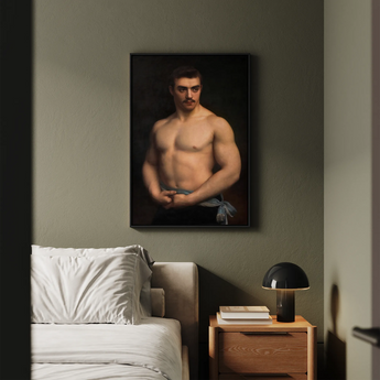Framed Portrait Muscular Man Dark Hair Mustache Depicted Maurice Deriaz, Gustave Courtois’s, Athlete, Pale Blue Sash, Knotted, Champion