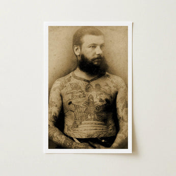 Portrait of Tattooed Man - Charles Eisenmann Art Print / Canvas Vintage Sepia-toned Bearded Extensive Tattoos Eisenmann’s Photograph,