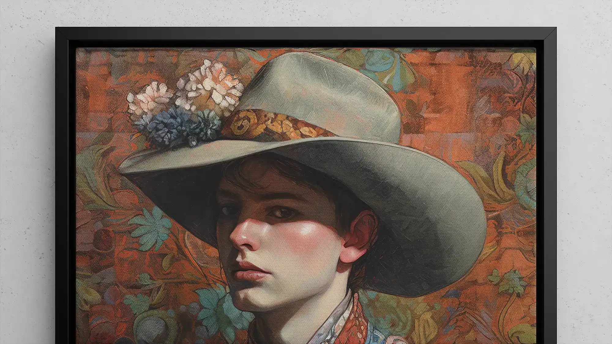 Portrait painting of a figure wearing a wide-brimmed cowboy hat and western attire against a floral backdrop.