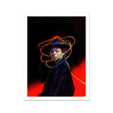 Nyx - Gay Witch Art Print, Portrait Person Dark Hat Coat Orange Lines Head