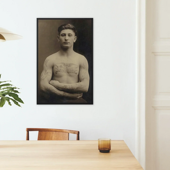 Portrait of a Tattooed American Soldier Art Print / Canvas Black-framed Muscular Man Tattoos Wall Faces Forward, Torso Unclothed, Body