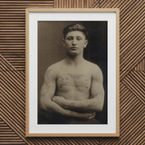 Portrait of a Tattooed American Soldier Art Print / Canvas Black White Framed Muscular Man Tattoos Vintage Faces Forward, Torso Unclothed,