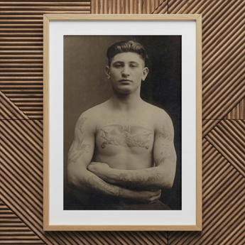 Portrait of a Tattooed American Soldier Art Print / Canvas Black White Framed Muscular Man Tattoos Vintage Faces Forward, Torso Unclothed,