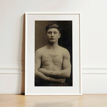 Portrait of a Tattooed American Soldier Art Print / Canvas Framed Black-and-white Man Arms Crossed Encased Faces Forward, Torso Unclothed,