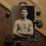 Portrait of a Tattooed American Soldier Art Print / Canvas Vintage Sepia-toned Photograph Man Arms Crossed Faces Forward, Torso Unclothed,