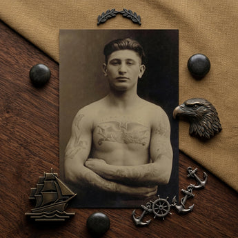 Portrait of a Tattooed American Soldier Art Print / Canvas Vintage Sepia-toned Photograph Man Arms Crossed Faces Forward, Torso Unclothed,