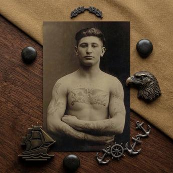 Portrait of a Tattooed American Soldier Art Print / Canvas Vintage Sepia-toned Photograph Man Arms Crossed Faces Forward, Torso Unclothed,