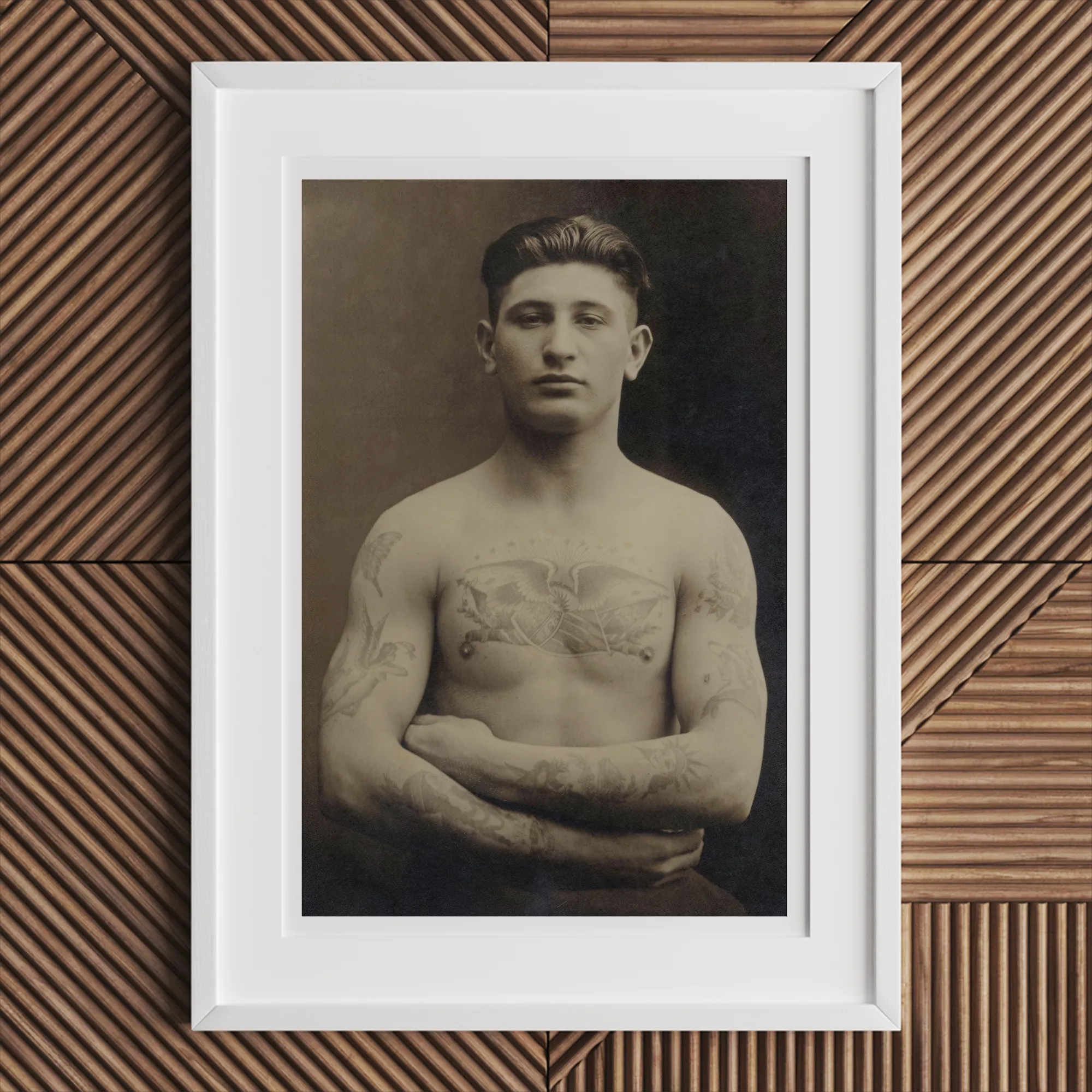 Portrait of a Tattooed American Soldier Art Print, Framed Black White Portrait Shirtless Man Tattoos