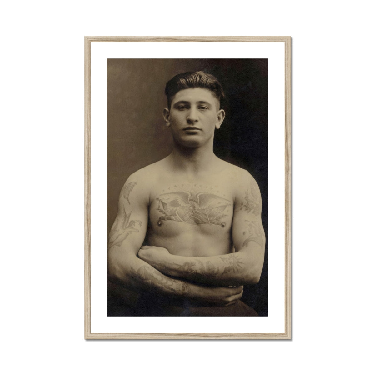 Portrait of a Tattooed American Soldier Art Print, Framed Sepia Toned Photograph Tattooed Man