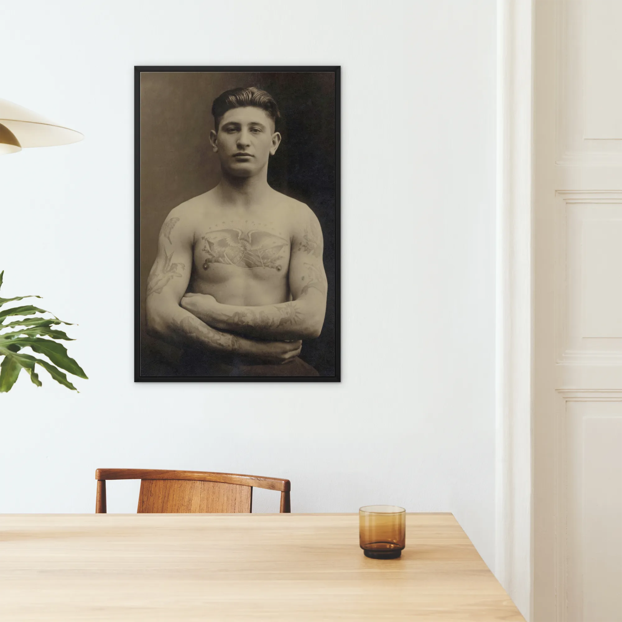 Portrait of a Tattooed American Soldier Framed Canvas, Framed Sepia Toned Portrait Bare Chested Man Tattoos