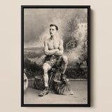 Portrait of a Tattooed Man Art Print / Canvas Black-framed Vintage Photographic Shirtless Seated Lean Figure Sits, Intricate Tattoos, Quiet