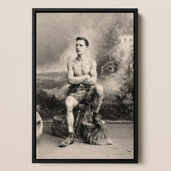 Portrait of a Tattooed Man Art Print / Canvas Black-framed Vintage Photographic Shirtless Seated Lean Figure Sits, Intricate Tattoos, Quiet