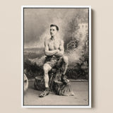 Portrait of a Tattooed Man Art Print / Canvas Framed Black-and-white Muscular Tattoos Seated Tree Lean Figure Sits, Intricate, Quiet Force