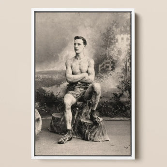 Portrait of a Tattooed Man Art Print / Canvas Framed Black-and-white Muscular Tattoos Seated Tree Lean Figure Sits, Intricate, Quiet Force