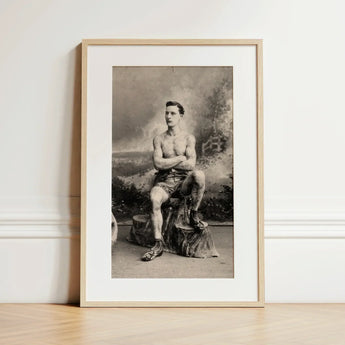 Portrait of a Tattooed Man Art Print / Canvas Framed Black-and-white Muscular Vintage Athletic Attire Lean Figure Sits, Intricate Tattoos,
