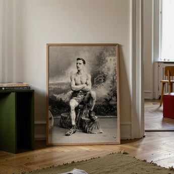 Portrait of a Tattooed Man Art Print / Canvas Framed Black-and-white Muscular Vintage Attire Seated Lean Figure Sits, Intricate Tattoos,