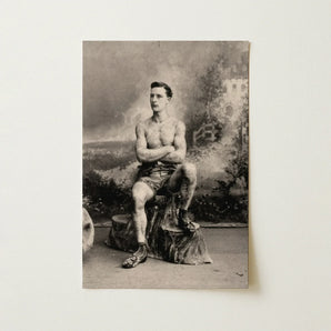 Portrait of a Tattooed Man Art Print / Canvas Vintage Black-and-white Photographic Muscular Tattoos Seated Lean Figure Sits, Intricate,