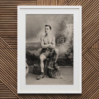 Portrait of a Tattooed Man Art Print / Canvas White Framed Vintage Boxer Photograph Lean Figure Sits, Intricate Tattoos, Quiet Force Prints