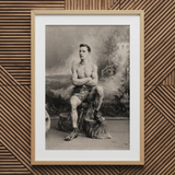 Portrait of a Tattooed Man Art Print / Canvas Wooden Framed Black White Photograph Tree Stump Lean Figure Sits, Intricate Tattoos, Quiet
