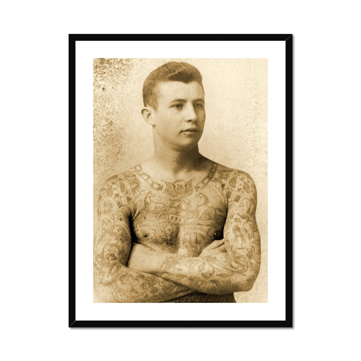 Portrait of a Tattooed Man Charles Eisenmann Art Print, Black Framed Portrait Young Man Torso Arm Tattoos