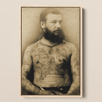 Portrait of Tattooed Man - Charles Eisenmann Art Print / Canvas, 12x18’’ / 31x46cm / Natural Frame, Posters Prints & Visual Artwork, Toby