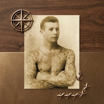 Portrait of a Tattooed Man - Charles Eisenmann Art Print / Canvas Vintage Sepia-toned Arms Crossed Framed Eisenmann’s, Seizes, Chain Motifs
