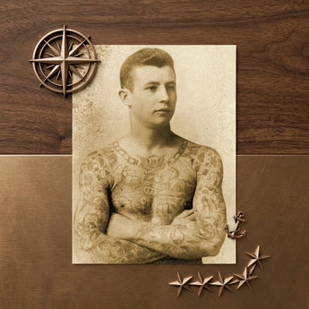 Portrait of a Tattooed Man - Charles Eisenmann Art Print / Canvas Vintage Sepia-toned Arms Crossed Framed Eisenmann’s, Seizes, Chain Motifs