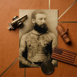 Portrait of Tattooed Man - Charles Eisenmann Art Print / Canvas Vintage Sepia-toned Bearded Extensive Tattoos Framed Eisenmann’s