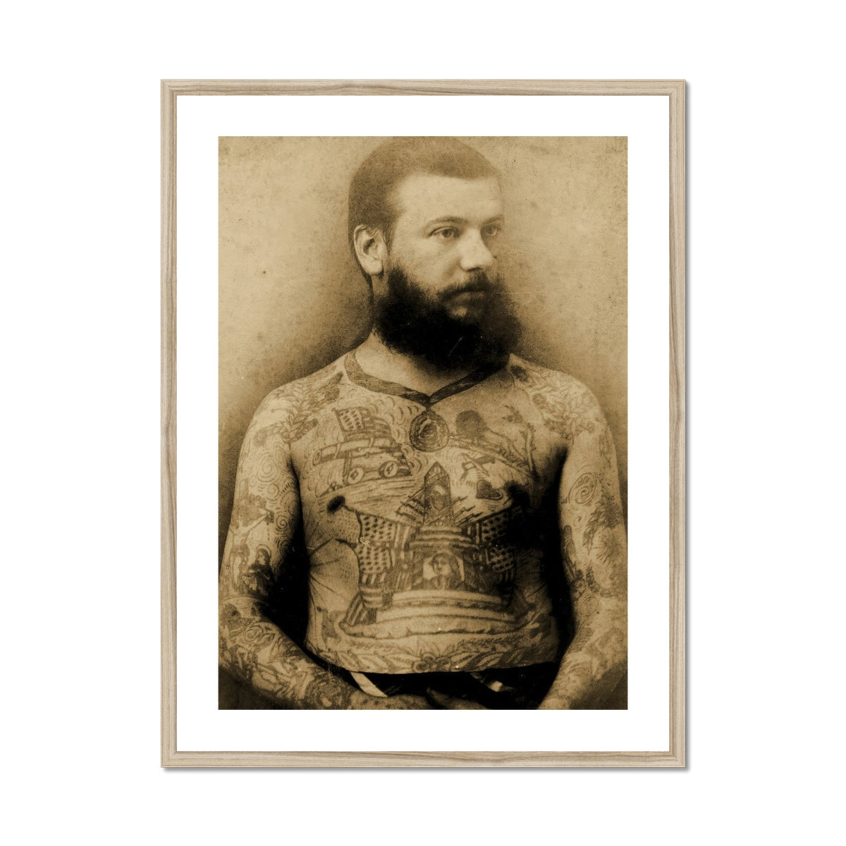 Portrait of Tattooed Man Charles Eisenmann Art Print, Framed Sepia Toned Photograph Bearded Man Extensive Body Tattoos
