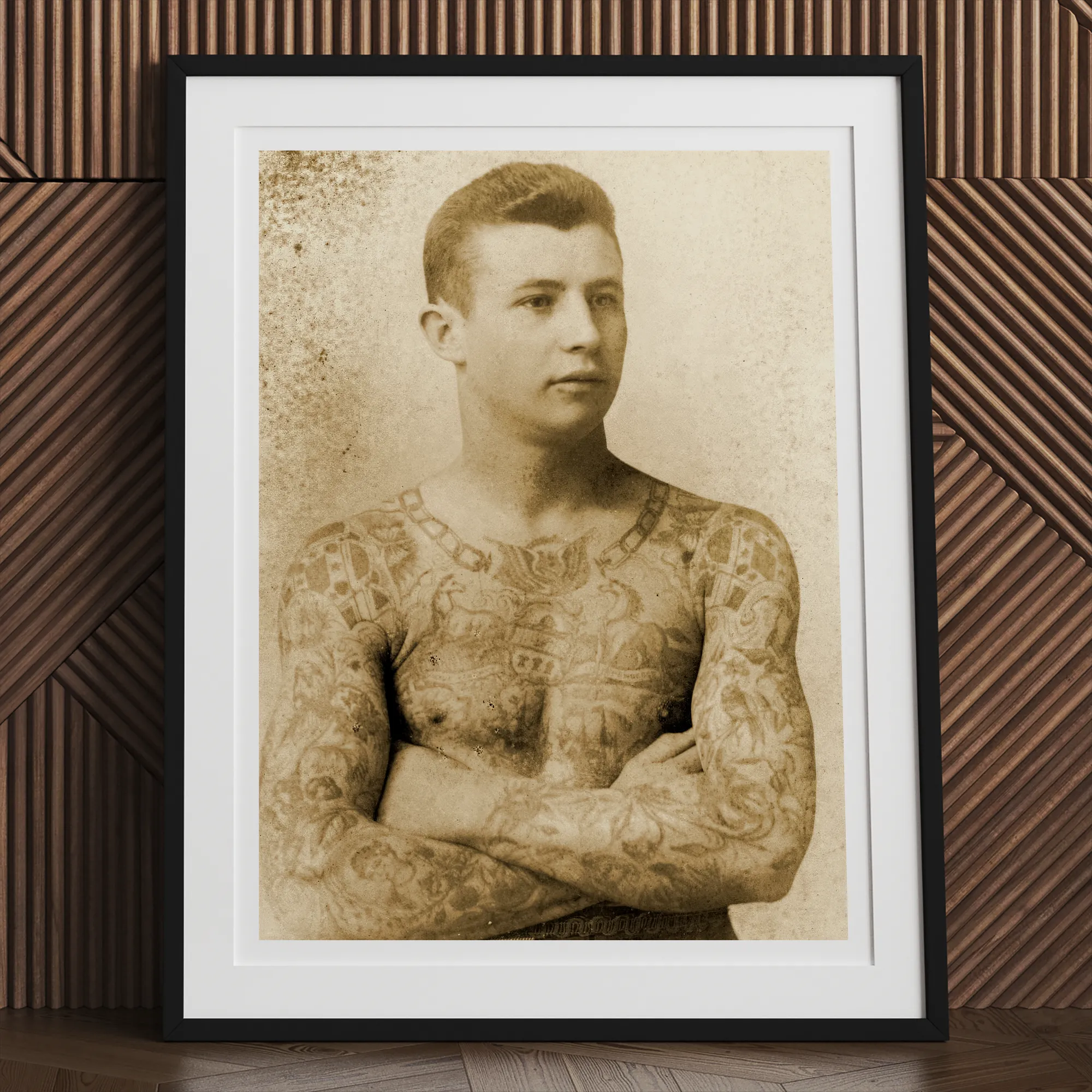 Portrait of a Tattooed Man Charles Eisenmann Art Print, Framed Sepia Toned Photograph Heavily Tattooed Man