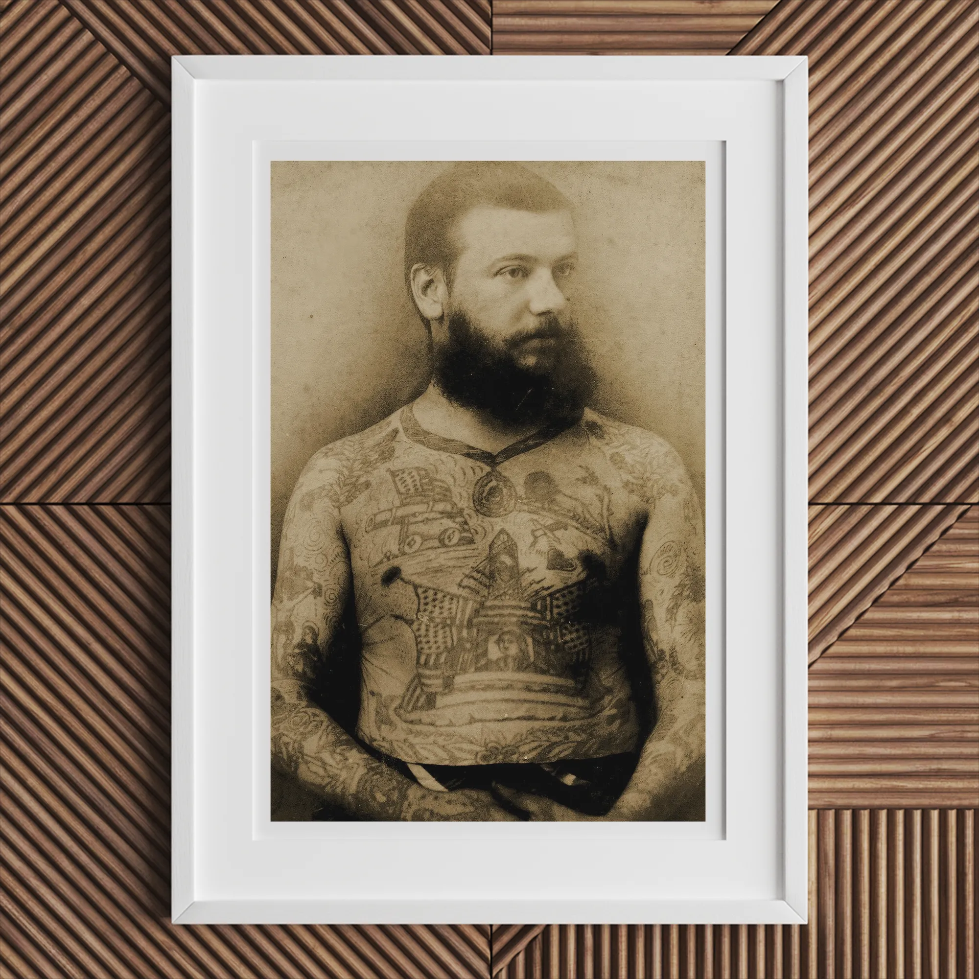 Portrait of Tattooed Man Charles Eisenmann Art Print, Framed Sepia Toned Photograph Heavily Tattooed Man Beard