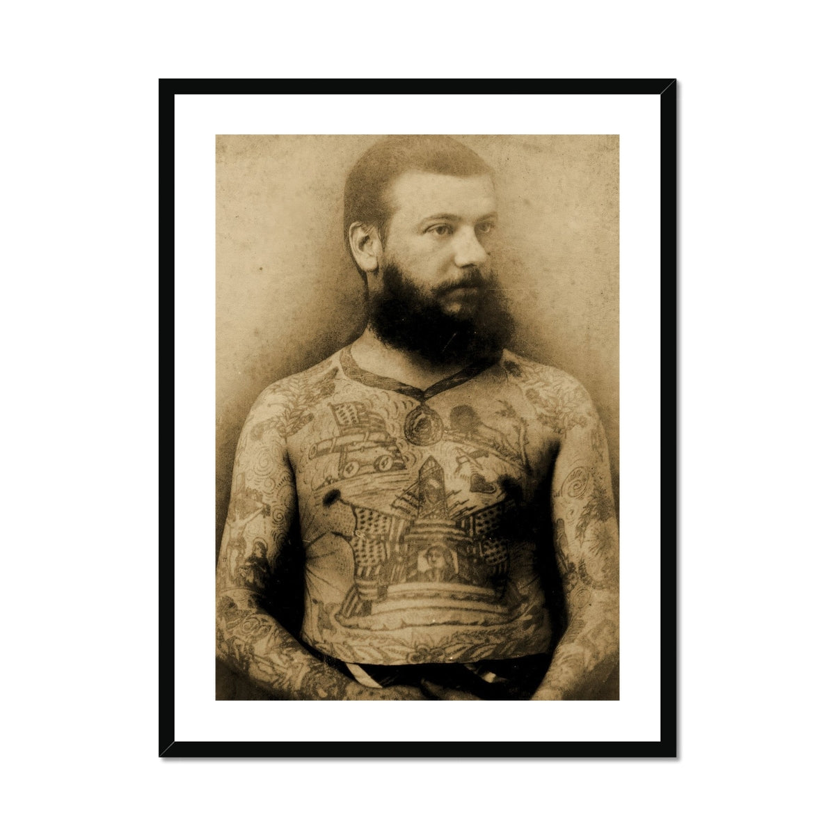 Portrait of Tattooed Man Charles Eisenmann Art Print, Sepia Toned Portrait Bearded Man Extensive Body Tattoos