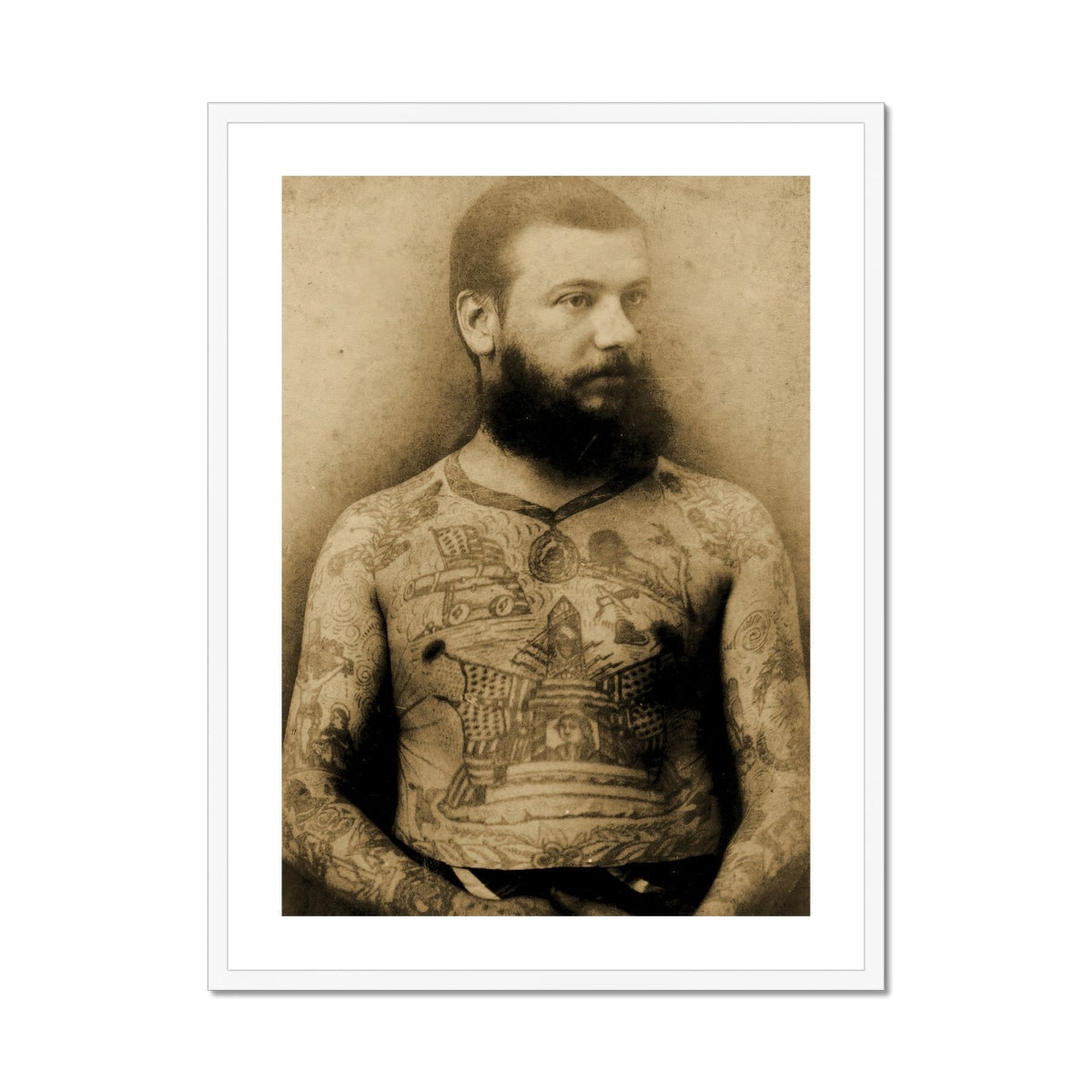 Portrait of Tattooed Man Charles Eisenmann Art Print, Sepia Toned Portrait Heavily Tattooed Man Beard