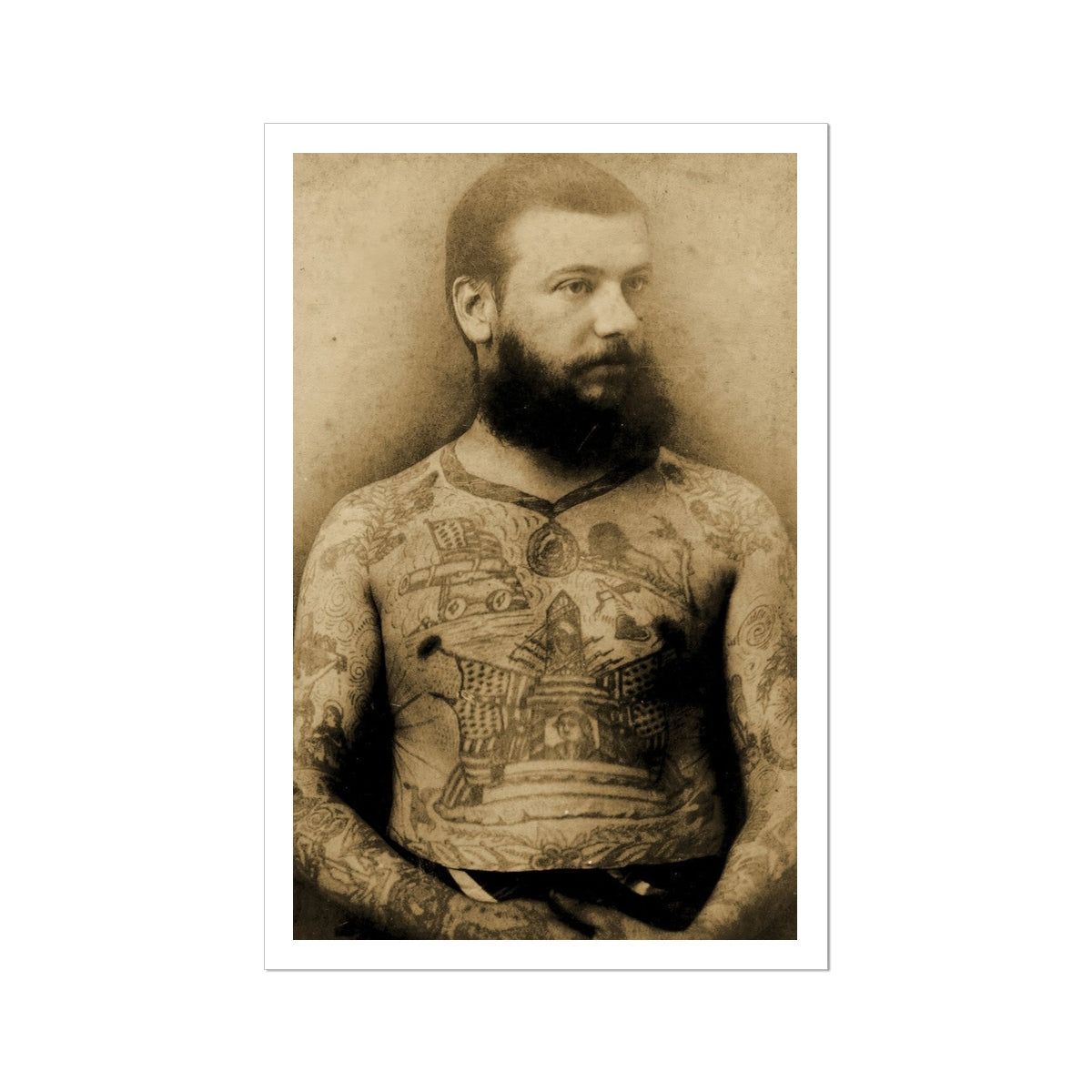 Portrait of Tattooed Man Charles Eisenmann Art Print, Sepia Toned Portrait Heavily Tattooed Bearded Man
